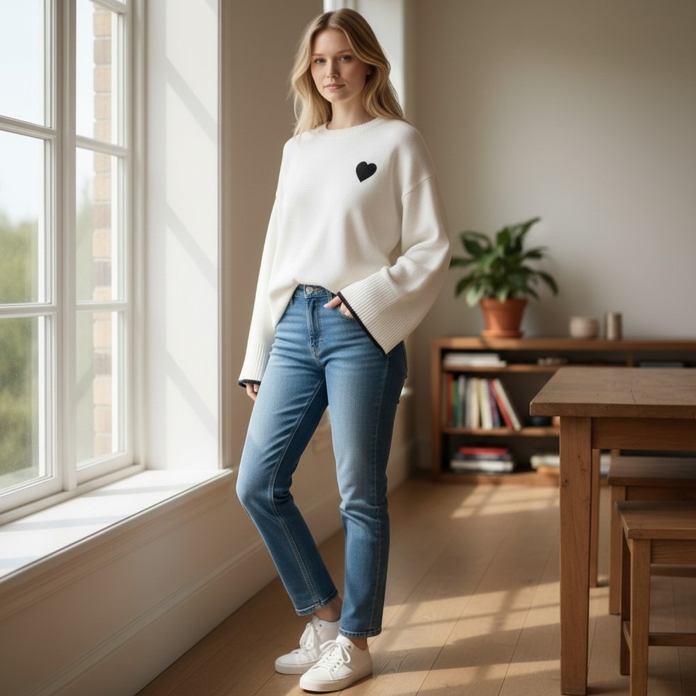 Elan Womens White Heart Patch Lyocell Blend Crewneck Sweater SWP11604 Large - Picture 2 of 9